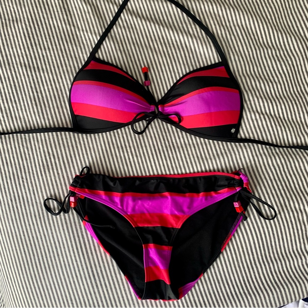 Striped Pink & Black Halter Bikini Set
